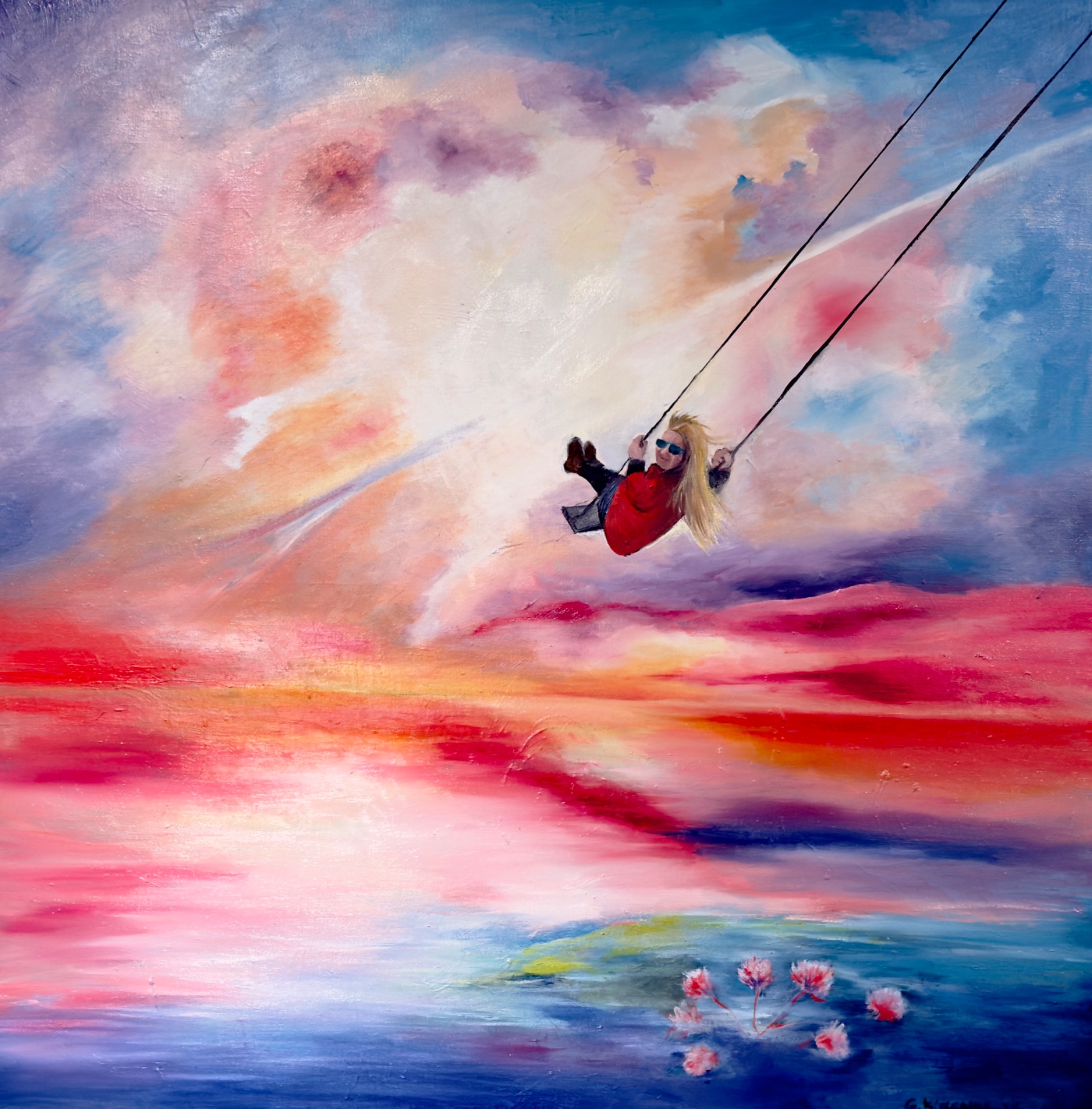 Tittel « I fritt svev». 90 x 90 cm.